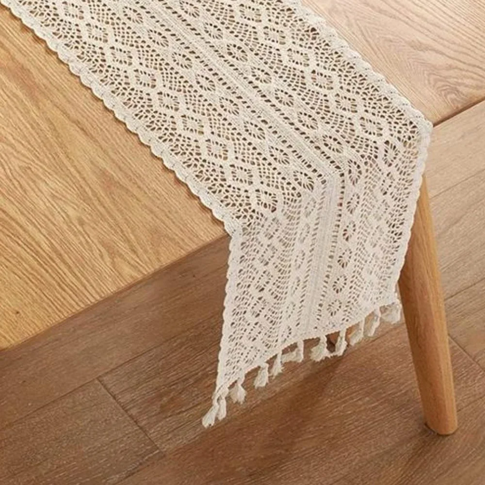 Crocheted Boho Table Runner Bohemian Farmhouse Cottage Decor Decorative Cloth